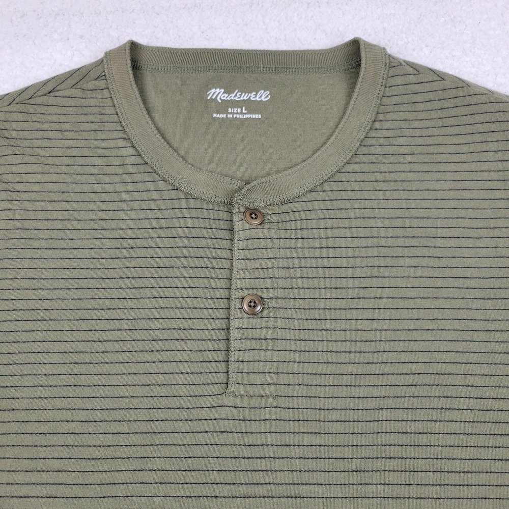 Madewell Henley Shirt Mens Large Green Striped Long Sleeve Cotton Pullover AA794